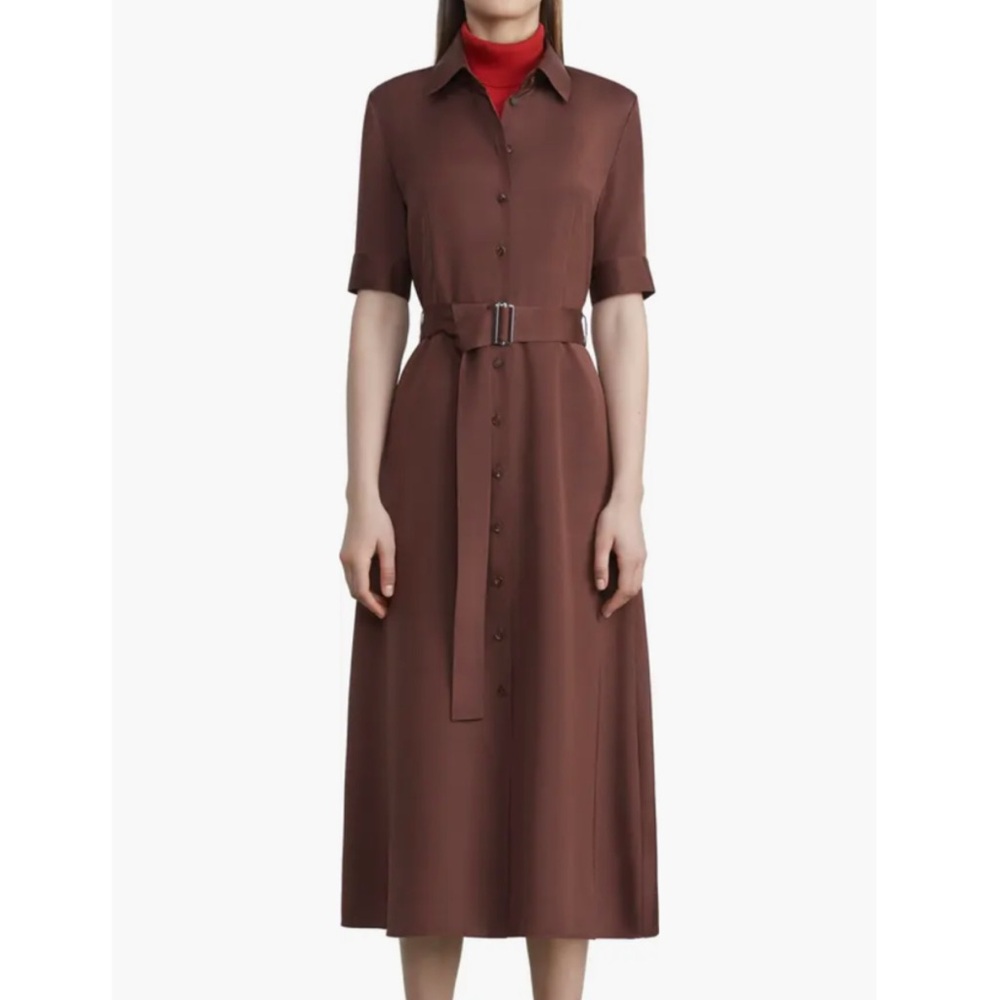 Lafayette 148 New York Pax Belted Stretch Silk Georgette Shirtdress Brown